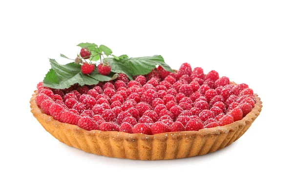 Tasty Pie Fresh Raspberries White Background — Stock Photo, Image
