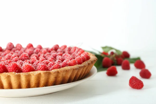 Tasty Pie Fresh Raspberries White Wooden Background — Stock Photo, Image