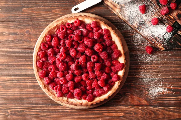 Tasty Pie Fresh Raspberries Wooden Background — Stock Photo, Image