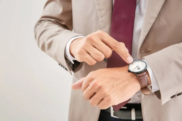 Businessman Looking His Watch Light Background Closeup Time Management Concept — Stock Photo, Image