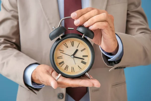 Businessman Holding Alarm Clock Closeup Time Management Concept — Stock Photo, Image