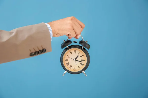 Businessman Holding Alarm Clock Color Background Time Management Concept — Stock Photo, Image