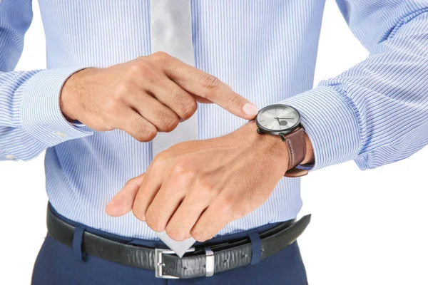 Geschäftsmann Schaut Auf Seine Uhr Auf Weißem Hintergrund Nahaufnahme Zeitmanagement — Stockfoto
