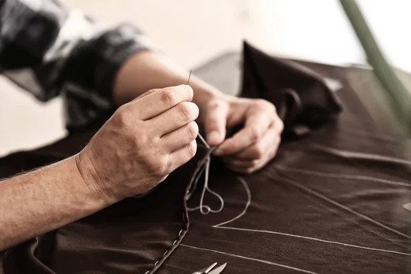 Young Tailor Sewing Table Atelier Closeup — Stock Photo, Image