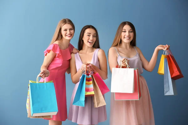 Beautiful Young Women Shopping Bags Color Background — Stock Photo, Image