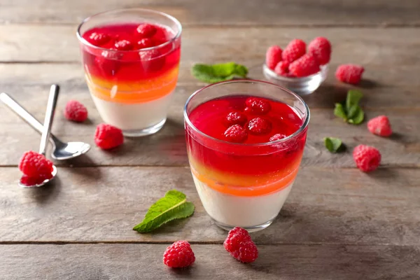 Sweet Jelly Raspberries Glasses Wooden Table — Stock Photo, Image