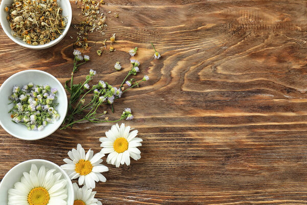 Bowls with beautiful fresh and dry chamomiles on wooden background