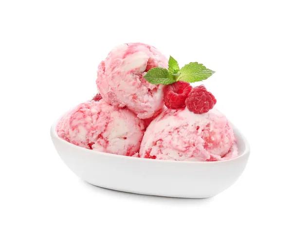 Ciotola Con Delizioso Gelato Lampone Sfondo Bianco — Foto Stock