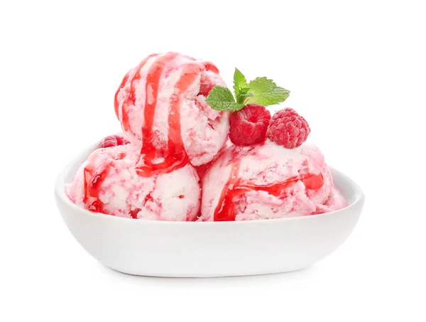 Bowl Delicious Raspberry Ice Cream White Background — Stock Photo, Image