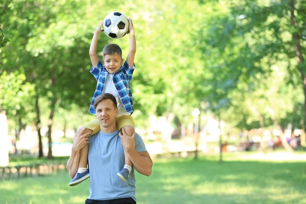 Little Boy His Dad Soccer Ball Park — Stock Photo, Image