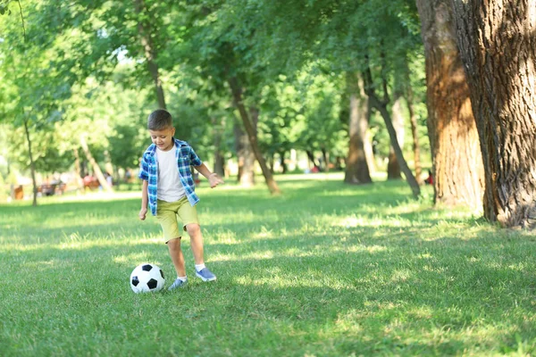 Kleine Jongen Voetballen Het Park — Stockfoto