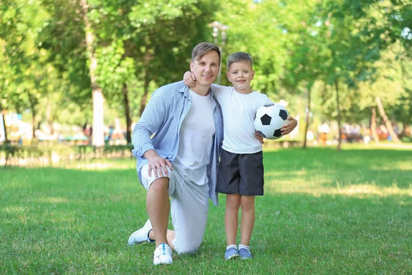 Little Boy His Dad Soccer Ball Park — Stock Photo, Image