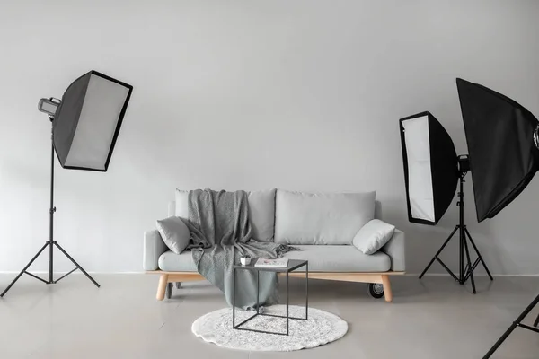 Cozy Sofa Table Photo Studio Professional Equipment — Stock Photo, Image