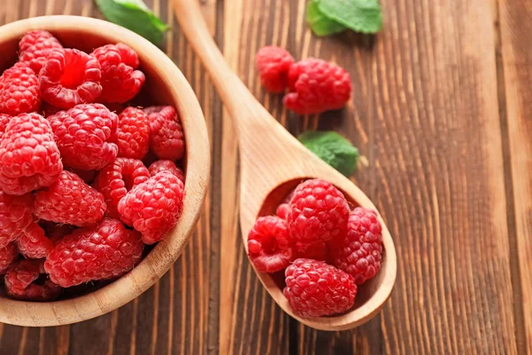 Bowl Spoon Sweet Ripe Raspberries Wooden Background — Stock Photo, Image
