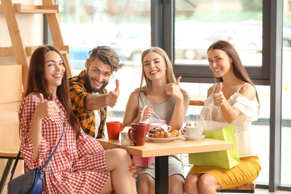 Group Friends Showing Thumb Ups Gesture Cafe — Stock Photo, Image