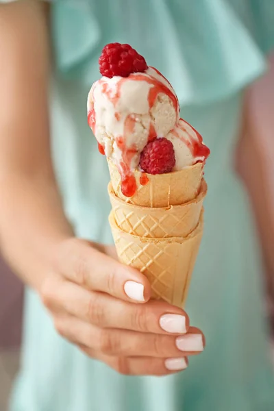 Woman Holding Waffle Cones Delicious Raspberry Ice Cream Closeup — Stock Photo, Image