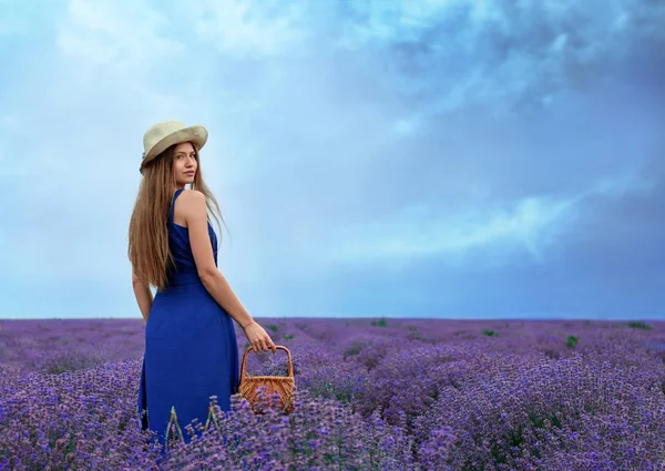 Beautiful Young Woman Wicker Basket Lavender Field Summer Day — Stock Photo, Image