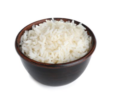 Beyaz arka plan üzerinde taze pişmiş pirinç kase