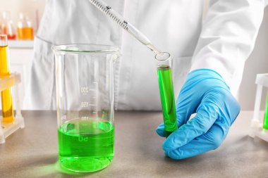 Laboratuvar, portre renk örnek çalımakta bilim adamı