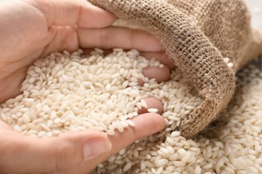 Female hands with heap of raw rice and sack, closeup clipart