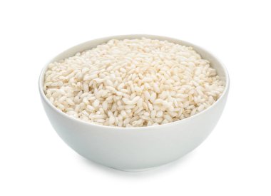 Beyaz arka plan üzerinde beyaz pirinç kase