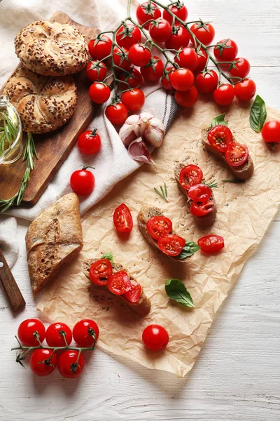 Composition Tasty Sandwiches Fresh Ripe Cherry Tomatoes Table — Stock Photo, Image