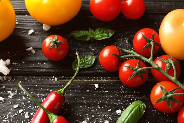 Fresh Ripe Cherry Tomatoes Chili Pepper Wooden Background — Stock Photo, Image