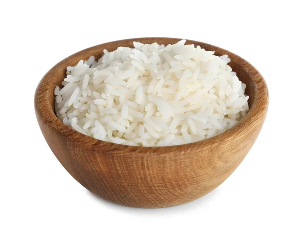 Tigela Madeira Com Arroz Cozido Hora Fundo Branco — Fotografia de Stock