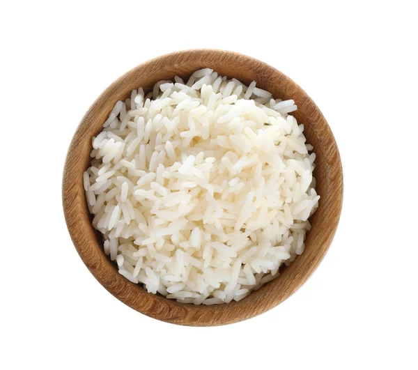 Tigela Madeira Com Arroz Cozido Hora Fundo Branco — Fotografia de Stock