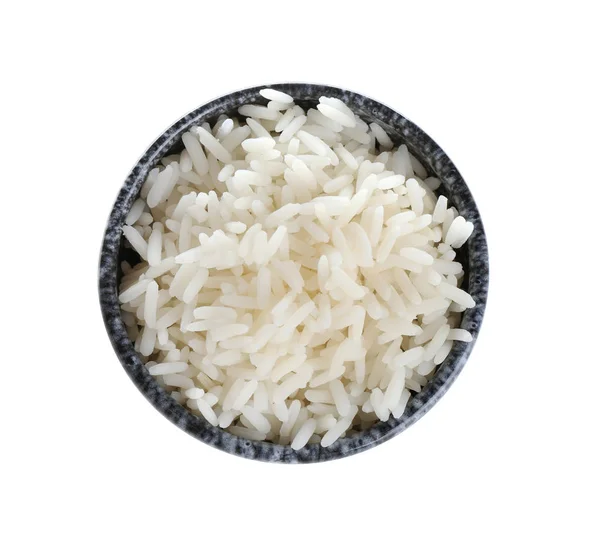 白色背景新鲜熟米饭碗 — 图库照片