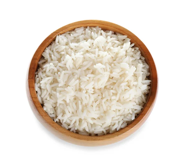 白色背景新鲜熟米饭木碗 — 图库照片