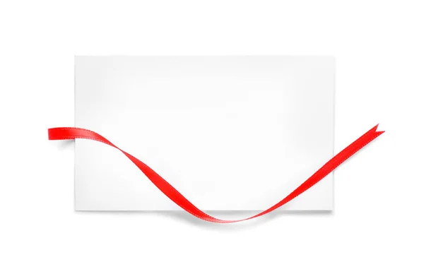 Blank Paper Card Red Ribbon White Background — Stock Photo, Image