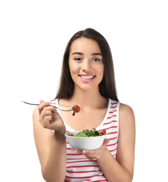 Jeune Femme Avec Salade Légumes Sains Sur Fond Blanc — Photo