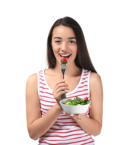 Mujer Joven Con Ensalada Verduras Saludables Sobre Fondo Blanco — Foto de Stock