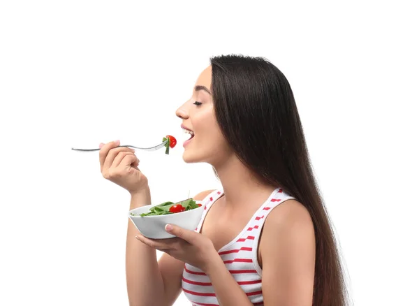 Молодая Женщина Здоровым Овощным Салатом Белом Фоне — стоковое фото