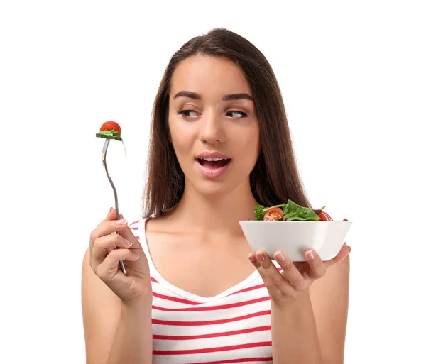 Jovem Com Salada Legumes Saudável Fundo Branco — Fotografia de Stock