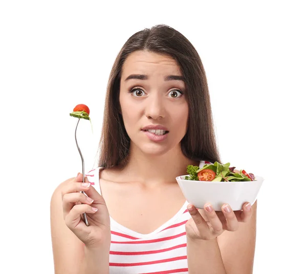 Jovem Com Salada Legumes Saudável Fundo Branco — Fotografia de Stock