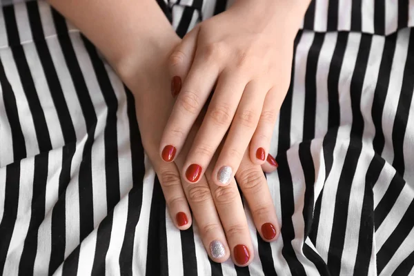 Female Hands Stylish Color Nails Striped Fabric Closeup — Stock Photo, Image