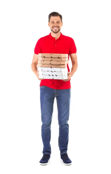 Hombre Con Cajas Pizza Sobre Fondo Blanco Servicio Entrega Alimentos — Foto de Stock