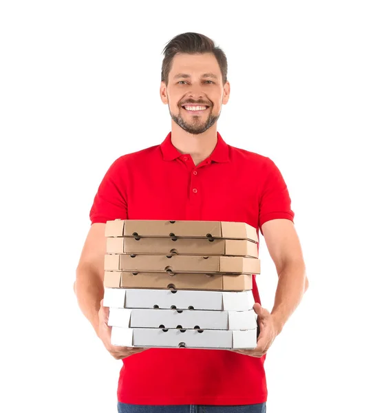 Man Med Pizzakartonger Vit Bakgrund Mat Leveransservice — Stockfoto