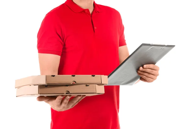 Férfi Pizza Dobozok Vágólap Fehér Háttér Étel Házhozszállítás — Stock Fotó