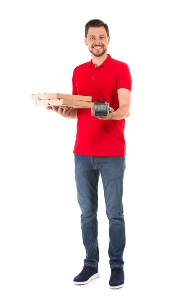 Hombre Con Cajas Pizza Terminal Banco Sobre Fondo Blanco Servicio —  Fotos de Stock