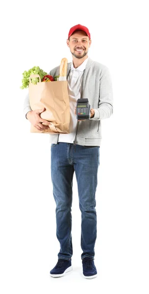 Mężczyznę Trzymającego Papierowa Torba Świeżych Produktów Bank Terminali Białym Tle — Zdjęcie stockowe