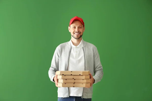 Homem Com Caixas Pizza Fundo Cor Serviço Entrega Alimentos — Fotografia de Stock