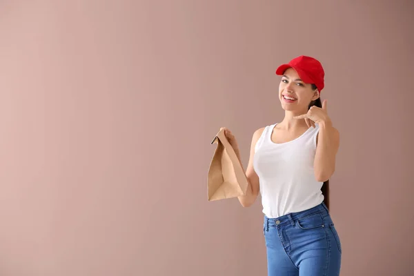Young Woman Paper Bag Color Background Food Delivery Service — Stock Photo, Image