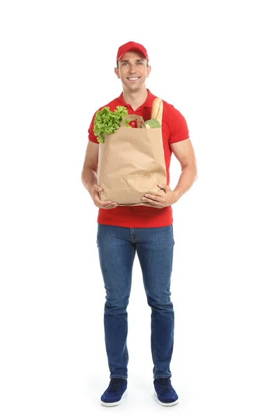 Hombre Sosteniendo Bolsa Papel Con Productos Frescos Sobre Fondo Blanco —  Fotos de Stock