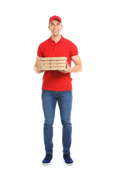 Uomo Con Scatole Pizza Sfondo Bianco Servizio Consegna Cibo — Foto Stock