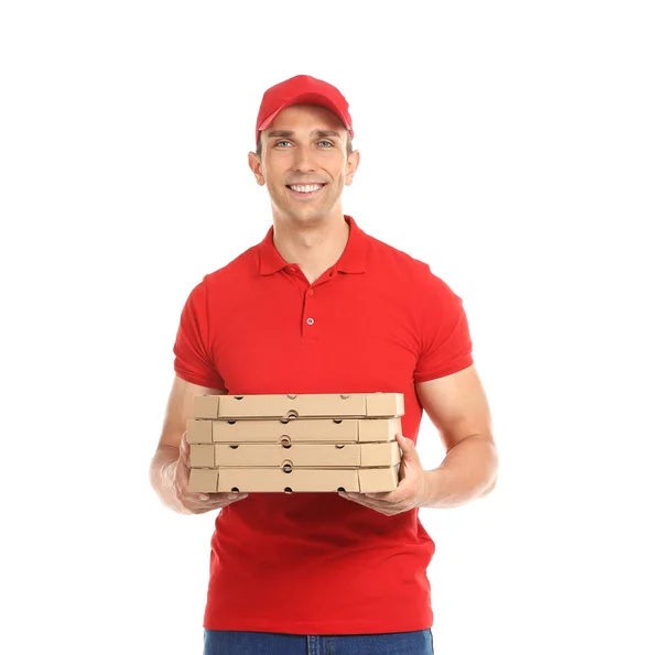 Homem Com Caixas Pizza Fundo Branco Serviço Entrega Alimentos — Fotografia de Stock