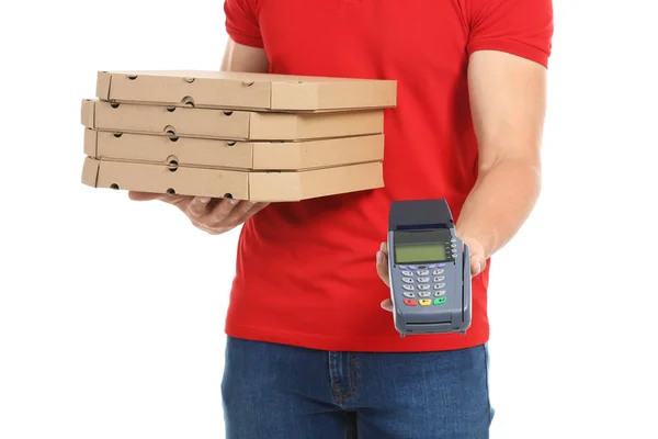 Mann Mit Pizzakartons Und Bankterminal Auf Weißem Hintergrund Essenslieferdienst — Stockfoto