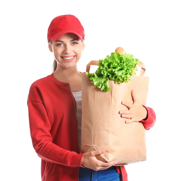 Young Woman Holding Paper Bag Fresh Products White Background Food — Stock Photo, Image